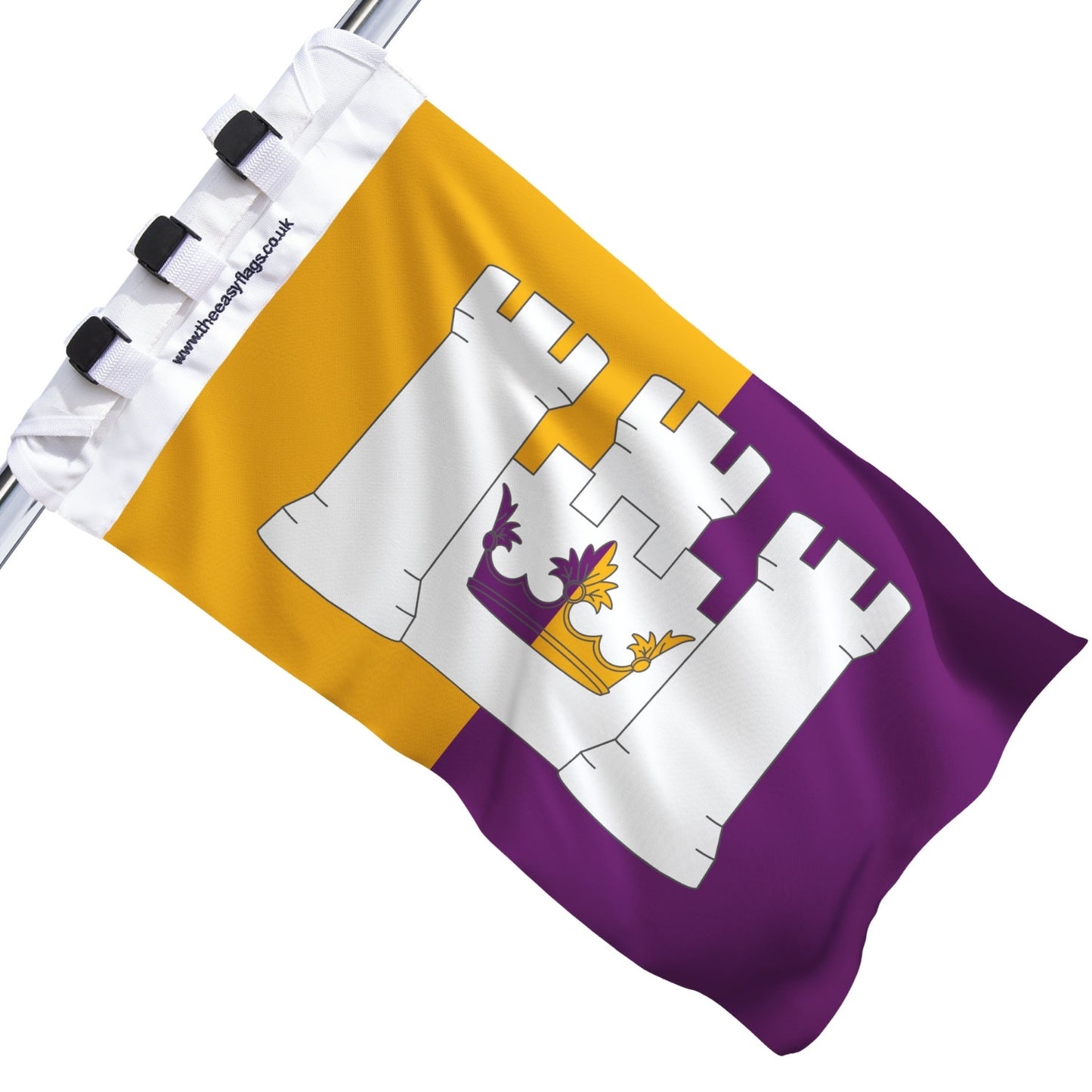 Aberdeenshire county flag with gold and purple background, featuring a white triple-towered castle and crown emblem, mounted on a boat rail using a universal triple-lock system, shown against a plain white background