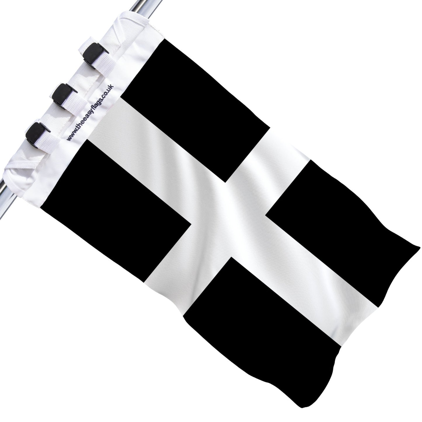 Cornwall county flag with bold white cross on a black background, mounted on a boat rail using a universal triple-lock system, shown against a plain white background