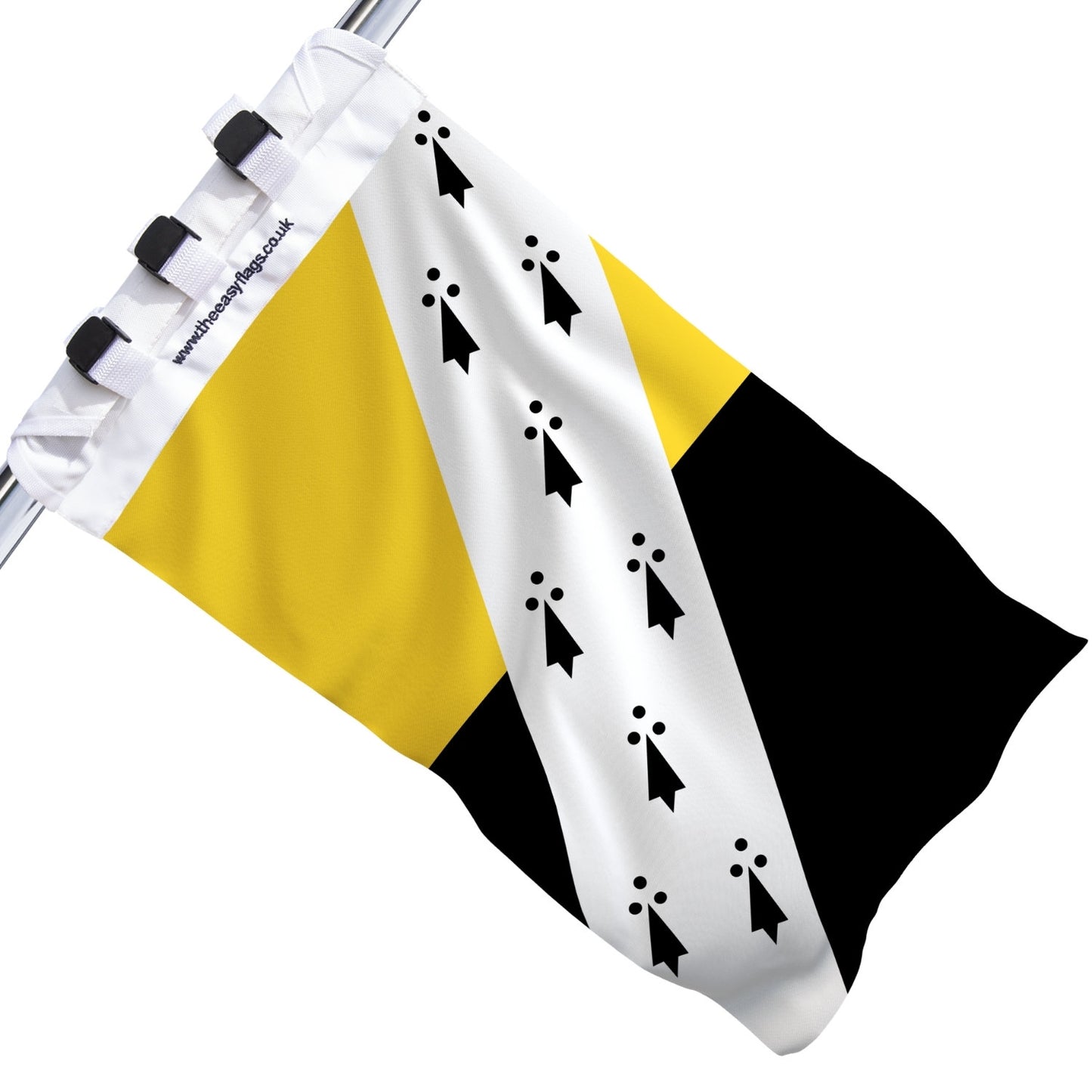 Norfolk county flag with diagonal gold and black field, white bend featuring black ermine spots, mounted on a boat rail using a universal triple-lock system, shown against a plain white background