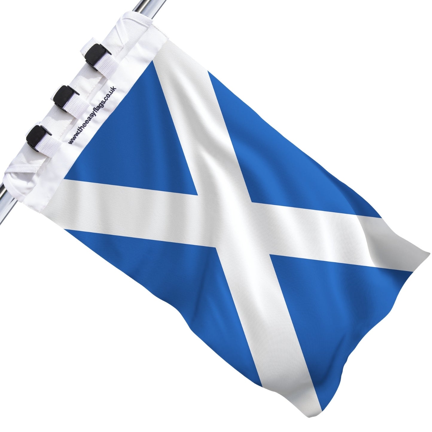 Scotland Saltire flag with white diagonal cross on blue background, mounted on a boat rail using a universal triple-lock system, shown against a plain white background