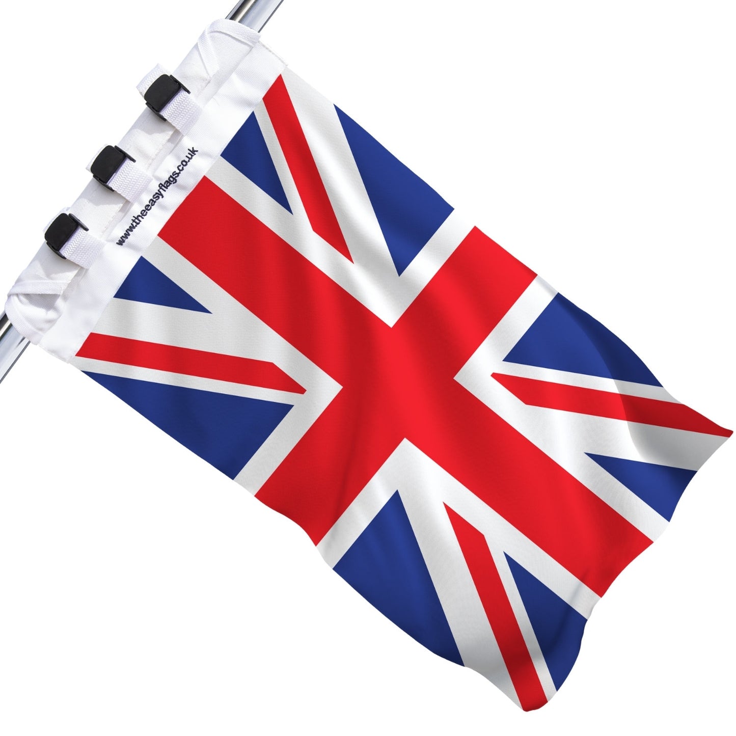 Union Jack flag with red, white, and blue design, mounted on a boat rail using a universal triple-lock system, shown against a plain white background