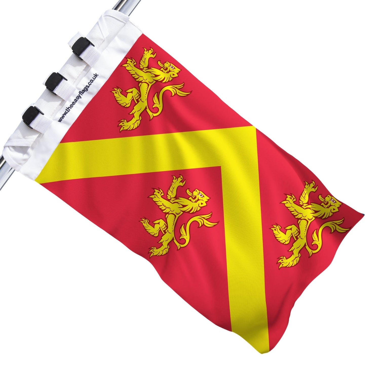 Anglesey county flag with red background and yellow chevron, featuring three gold lions, mounted on a boat rail using a universal triple-lock system, shown against a plain white background.