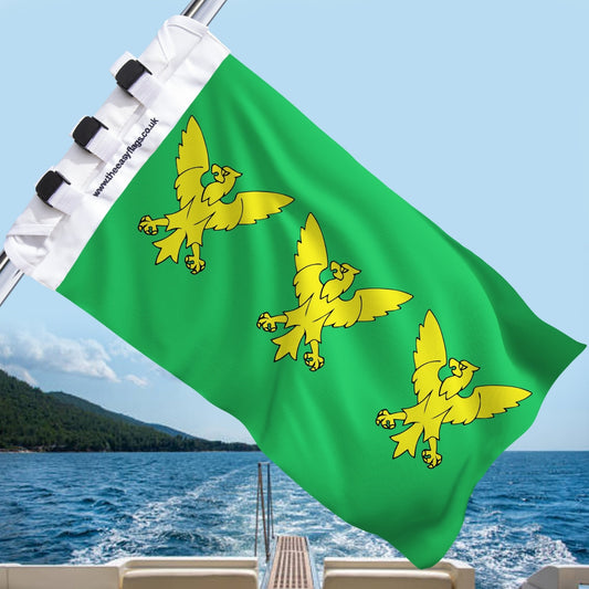 Caernarfonshire county flag with green background and yellow bird emblem, mounted on a boat rail with a universal triple-lock system, flying at sea with blue sky and coastline in the background