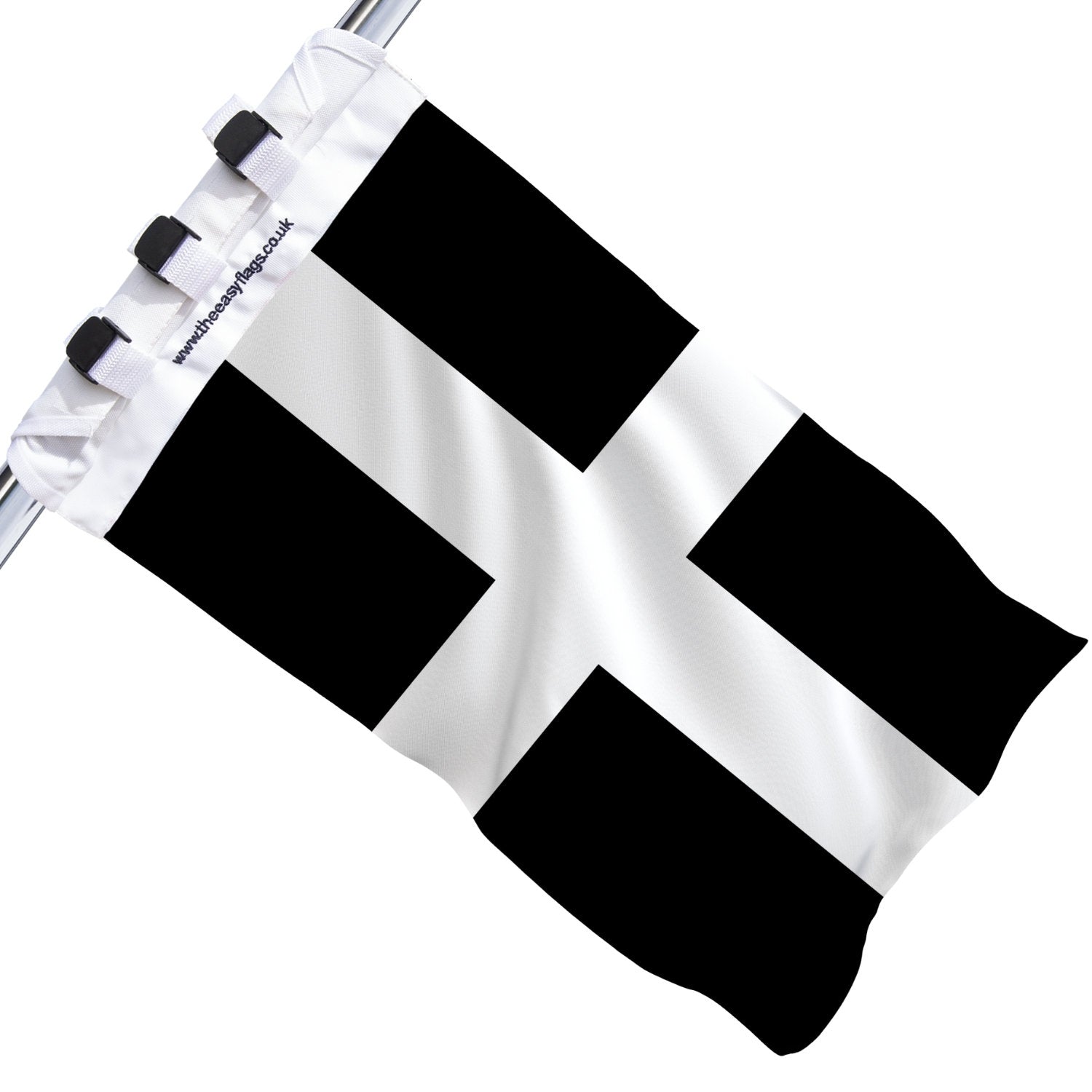Cornwall county flag with bold white cross on a black background, mounted on a boat rail using a universal triple-lock system, shown against a plain white background