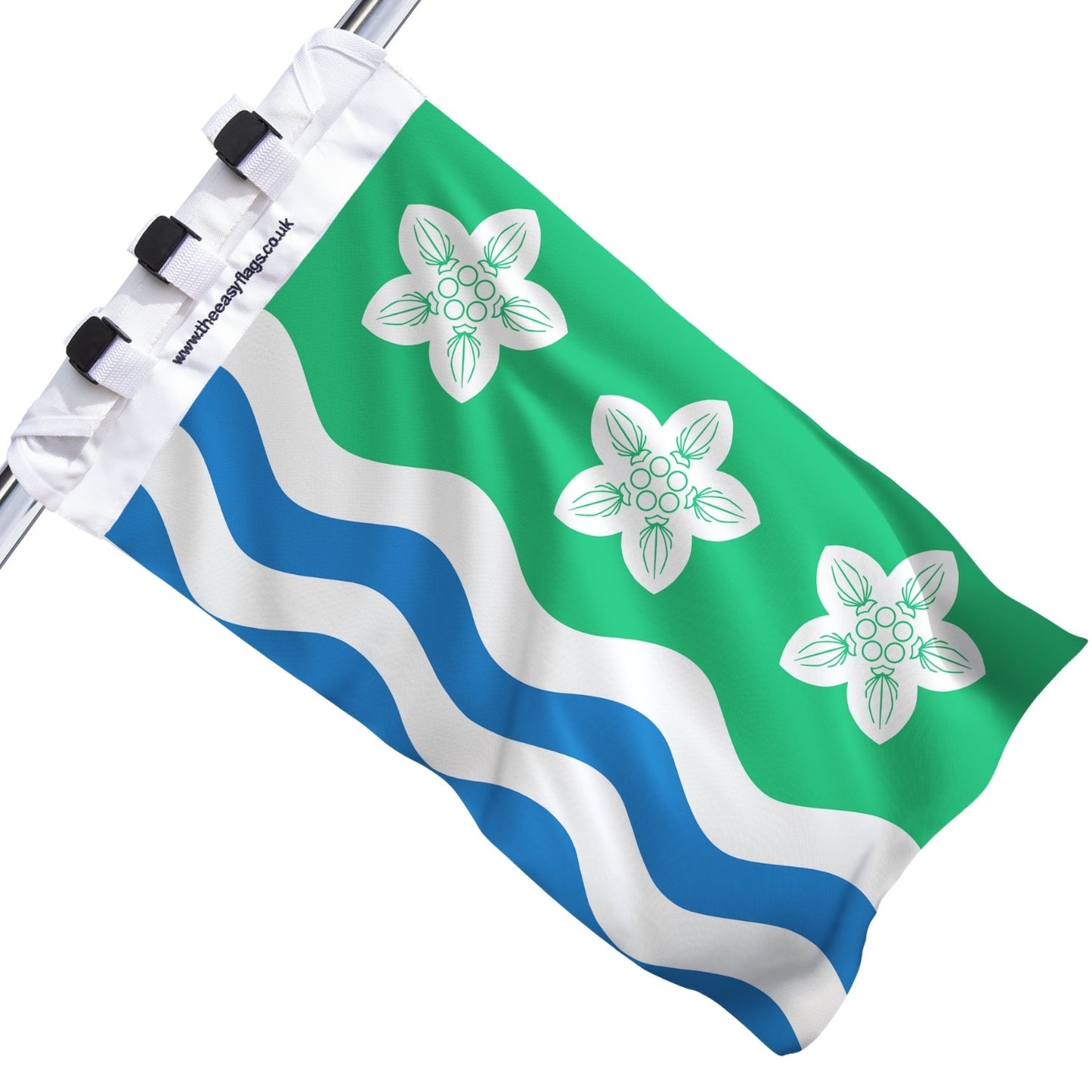 Cumberland county flag with green background, three white parnassus flowers, and blue and white wavy stripes, mounted on a boat rail using a universal triple-lock system, shown against a plain white background