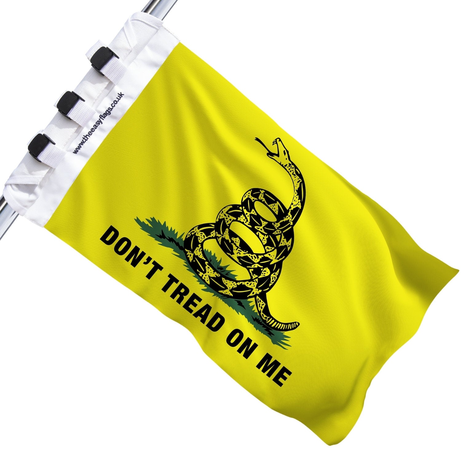 Don’t Tread on Me” Gadsden flag with rattlesnake design, mounted on a boat rail using a universal triple-lock system, shown against a plain white background