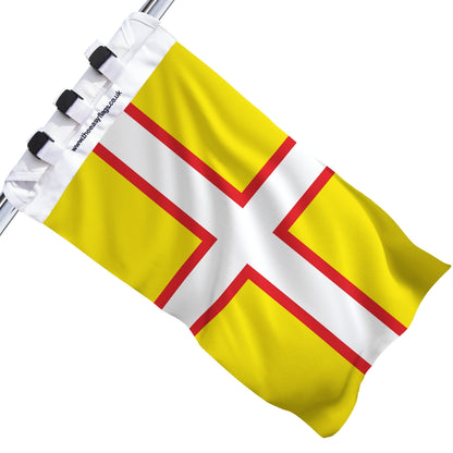 Dorset county flag with red cross outlined in gold on white background, mounted on a boat rail using a universal triple-lock system, shown against a plain white background