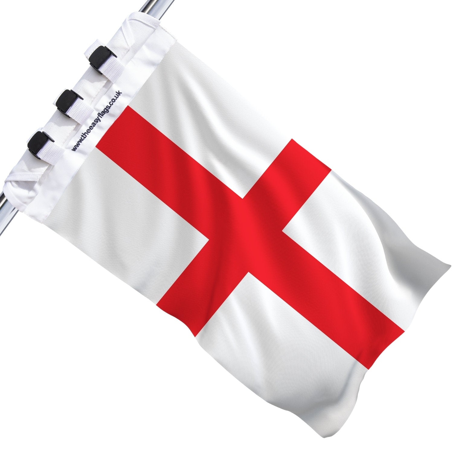 England national flag with bold red cross on white background, mounted on a boat rail using a universal triple-lock system, shown against a plain white background