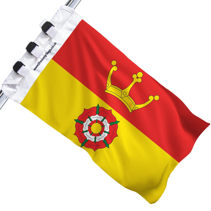 Hampshire county flag with red background, gold castle and Tudor rose, mounted on a boat rail using a universal triple-lock system, shown against a plain white background