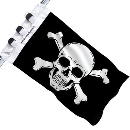 Black Jolly Roger pirate flag with skull and crossbones, mounted on a boat rail using a universal triple-lock system, shown against a plain white background