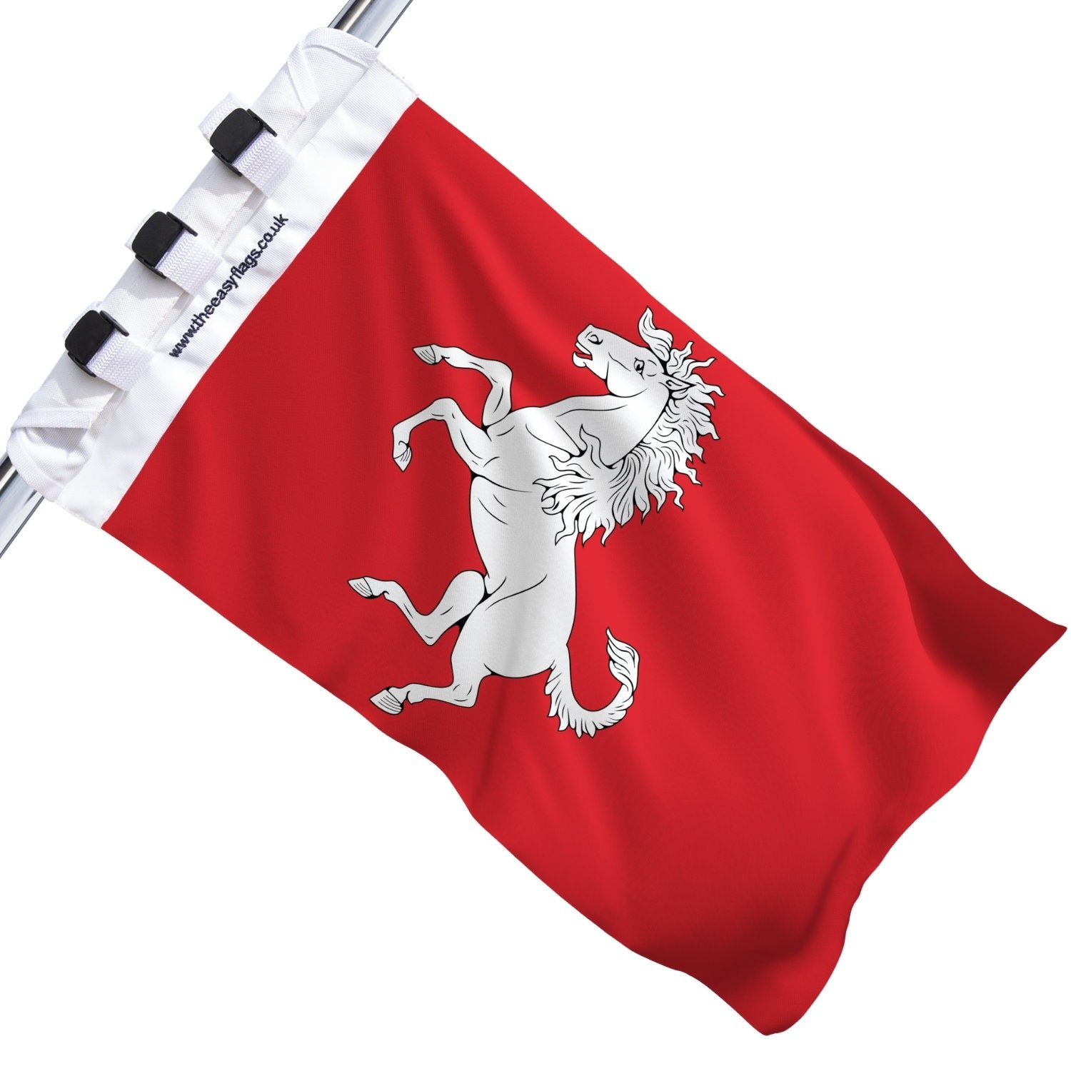 Kent county flag with red background and white horse rampant (Invicta Horse), mounted on a boat rail using a universal triple-lock system, shown against a plain white background