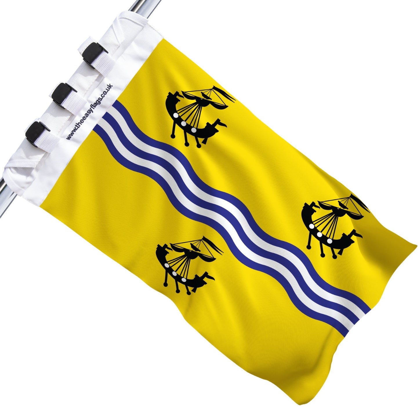 Outer Hebrides (Western Isles) county flag with golden background, vertical blue and white wavy stripes, and four black ships, mounted on a boat rail using a universal triple-lock system, shown against a plain white background