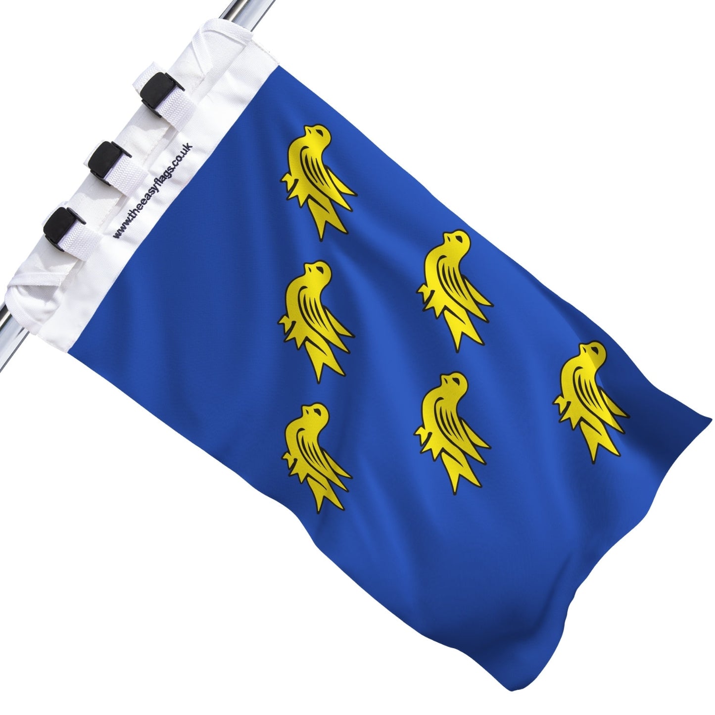 Sussex county flag with blue background and six gold martlets (stylised birds), mounted on a boat rail using a universal triple-lock system, shown against a plain white background