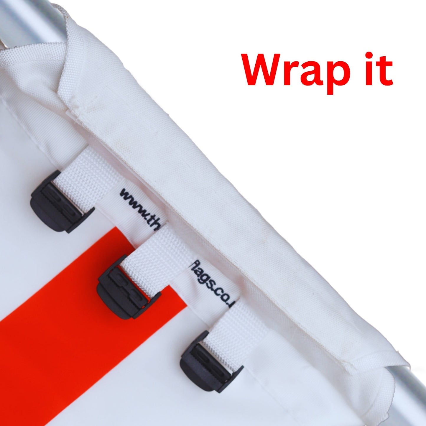 Wrap velcro webbing around pole. The Easy Flags first out of 3 locking system showing secure flag installation process.