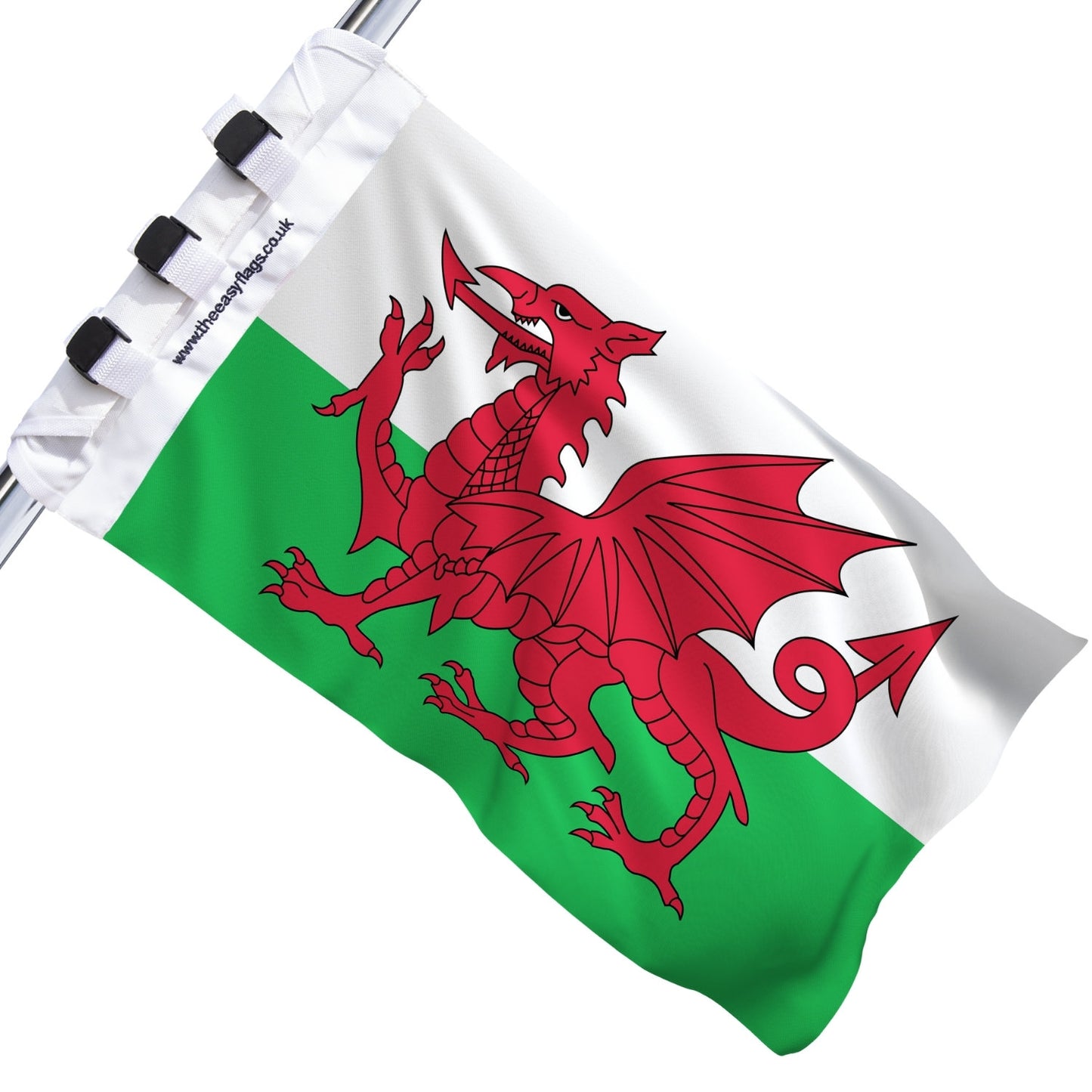 Wales national flag with red dragon on green and white background, mounted on a boat rail using a universal triple-lock system, shown against a plain white background