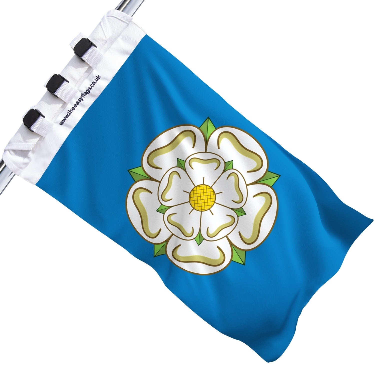 Yorkshire county flag with blue background and white rose emblem outlined in gold, with green sepals and yellow centre, mounted on a boat rail using a universal triple-lock system, shown against a plain white background